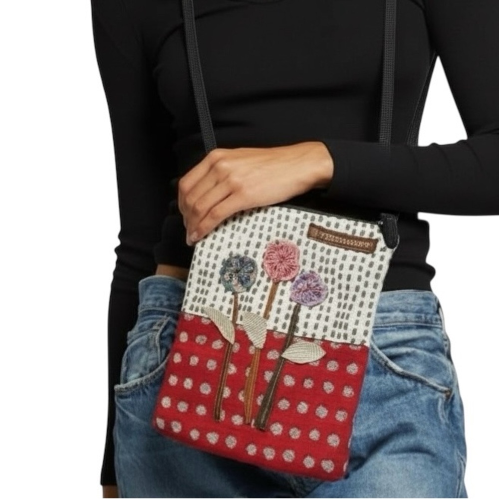Handcrafted Boho Multi-Fabric Embroidered Crossbody Purse with Floral Appliqué - Picture 2 of 5
